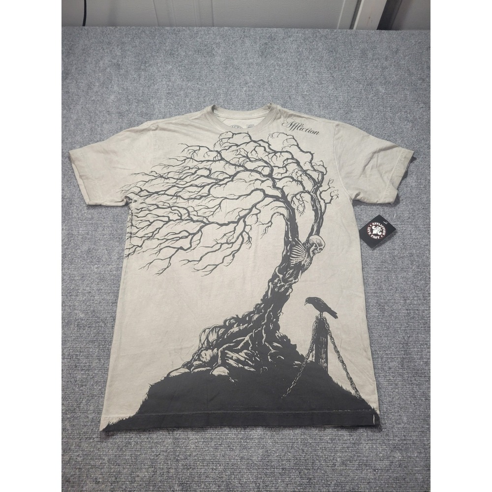 Affliction Mens Binded Graphic Tee Sand Beige Skeleton Tree Crow Shirt A26063 L